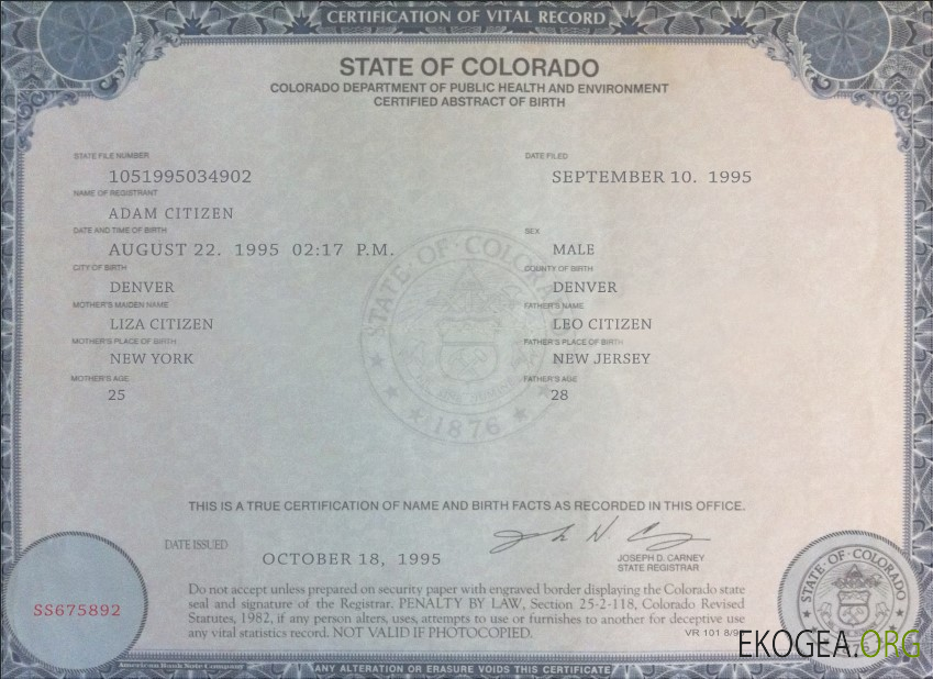 Modèle de certificat de naissance de l'État du Colorado aux États Unis au format PSD